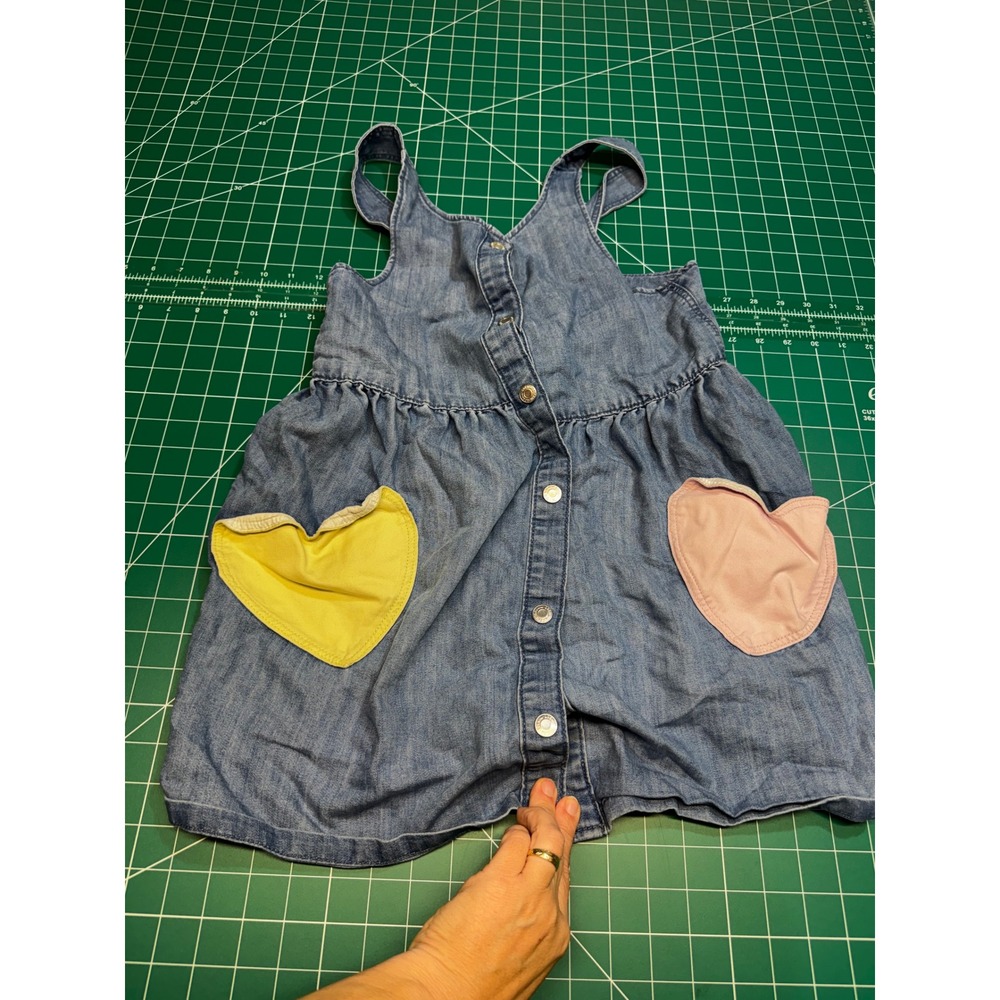 HM Girls Denim Jumper Dress Blue Heart Pockets Snap Front Size 10 140 3507